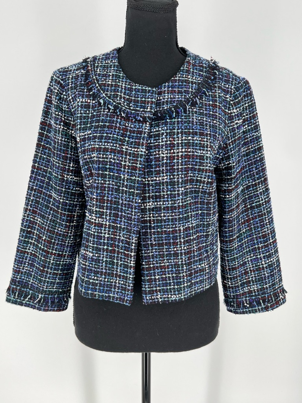 Karl Lagerfeld Paris blue tweed open-front blazer collarless W/fringe‎ trim
